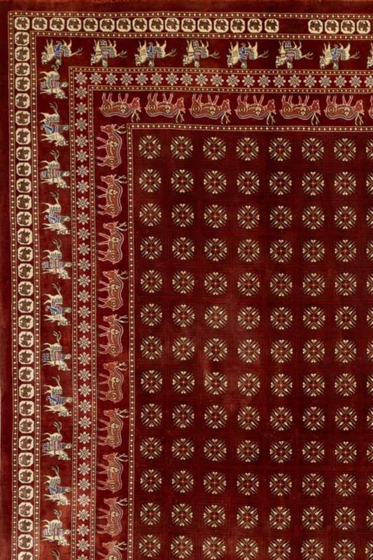 Silken Majesty rug featuring deep burgundy field with symmetrical floral medallions and a cream border, exemplifying Persian craftsmanship and elegance.