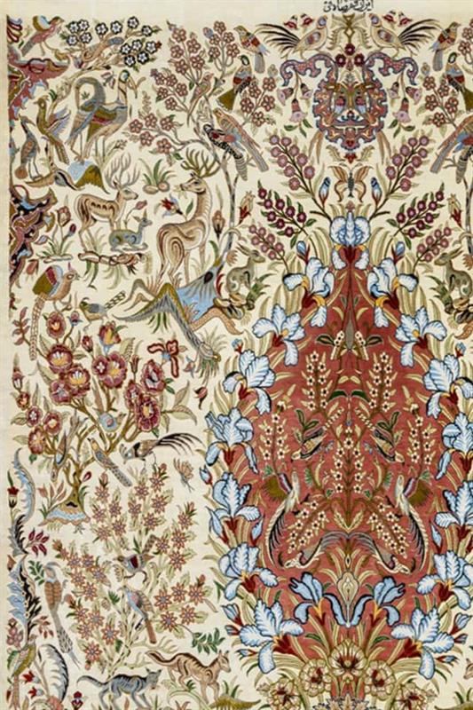 "Garden of Serenity" silk carpet with a terracotta medallion and intricate floral patterns on an ivory background, showcasing Persian weaving elegance.