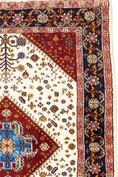 Image showcasing an intricate Persian rug with detailed floral patterns and traditional symbols.