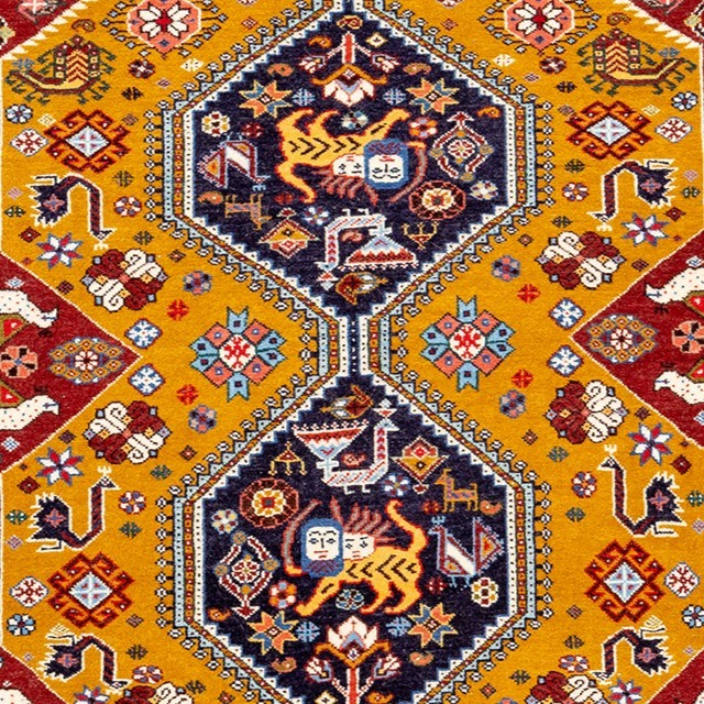 Handwoven rug from Fars Province, Iran, showcasing intricate patterns, vibrant colors, and artisanal craftsmanship.