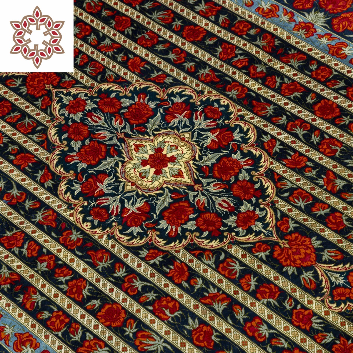 "Rose Symphony" hand-knotted silk rug with a midnight blue background, vibrant red roses, and a sky blue border with continuous rose motif, crafted in Qom, Iran.