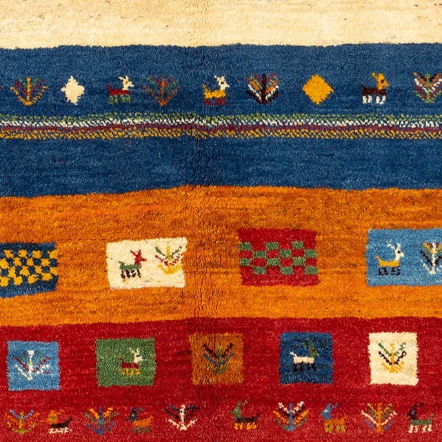 Image showing an exquisite Gabbeh rug with traditional Persian motifs and vibrant colors.